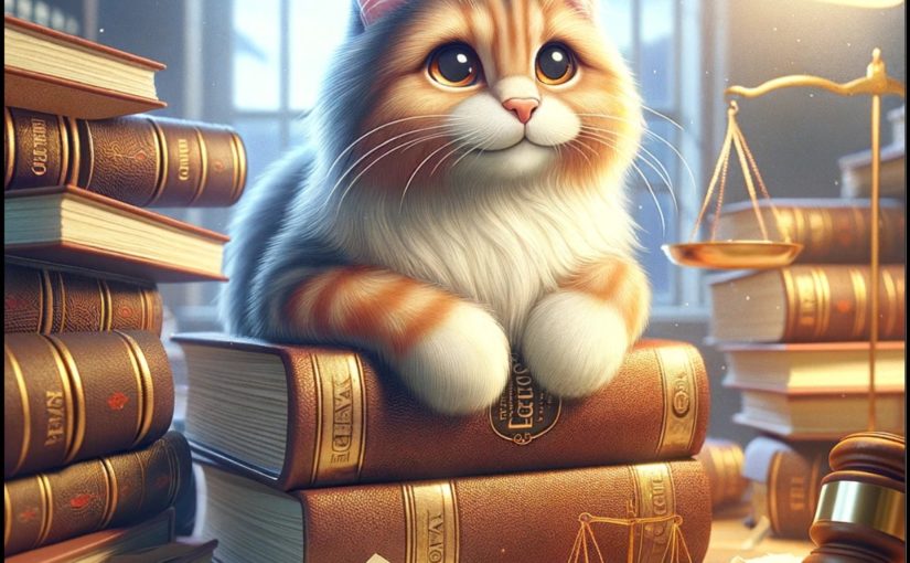 Brown tabby cat sitting on law books