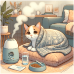 Cat crouching on a cushion, covered with a blanket next to a vaporizer