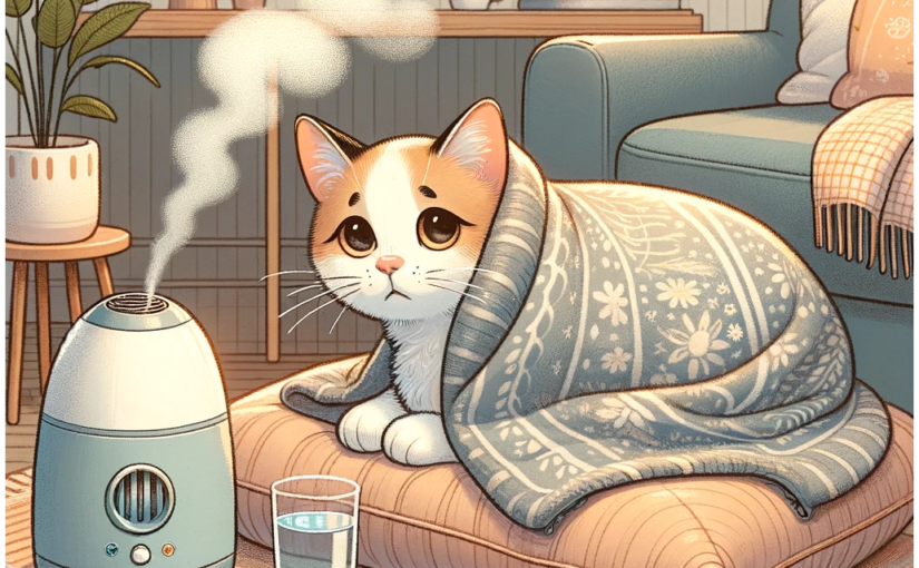 Cat crouching on a cushion, covered with a blanket next to a vaporizer