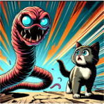 A comic book style illustration of a giant red tapeworm with glowing cyan colored eyes threatening a small gray kitten