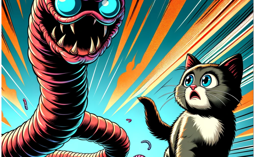 A comic book style illustration of a giant red tapeworm with glowing cyan colored eyes threatening a small gray kitten