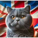 A blue grey British Shorthair with golden eyes in front of a British flag.