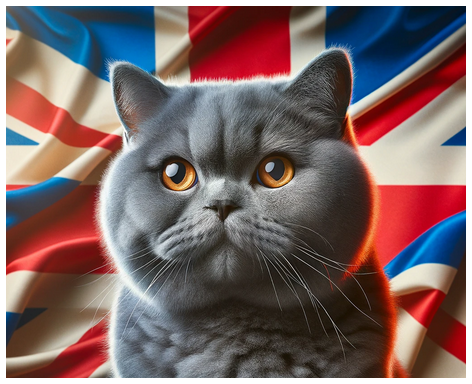 A blue grey British Shorthair with golden eyes in front of a British flag.