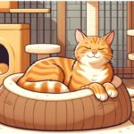 Orange tabby relaxing in a kennel