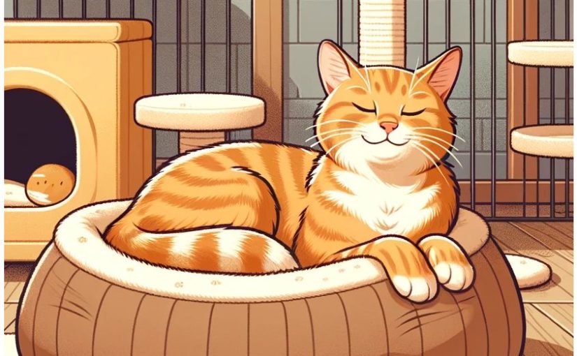 Orange tabby relaxing in a kennel