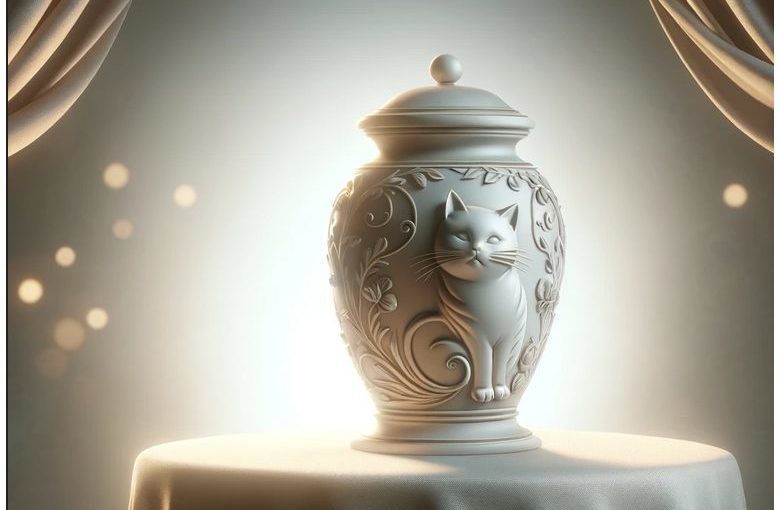 A cream colored funeral urn with a cat motif.