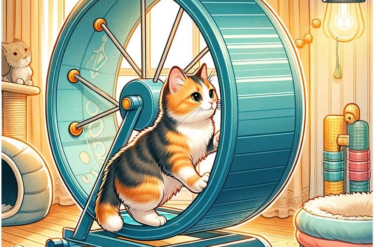 Cute tortie tabby attempting to use an exercise wheel