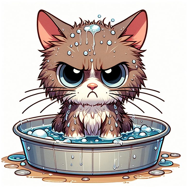 Illustration of why cats hate water, a cat who is angry about taking a bath.