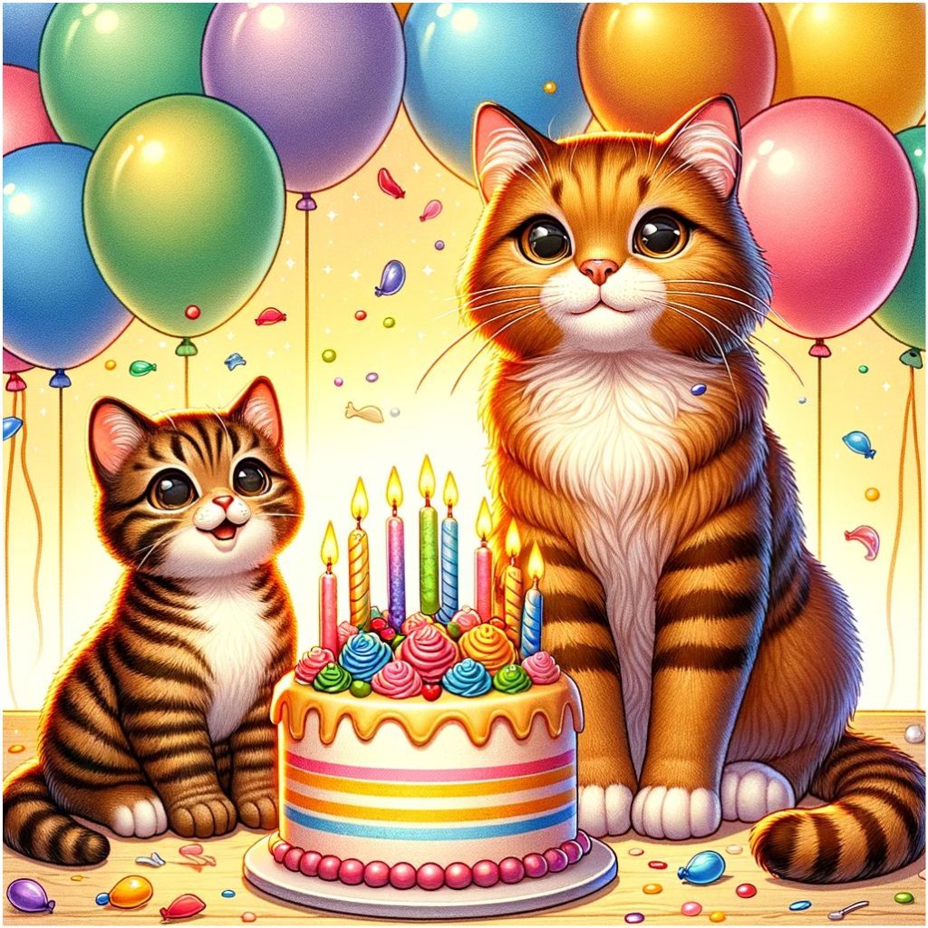 A kitten and adult cat sitting on either side of a birthday cake.