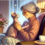 Sphynx cats interacting affectionately with a sweet gray haired lady