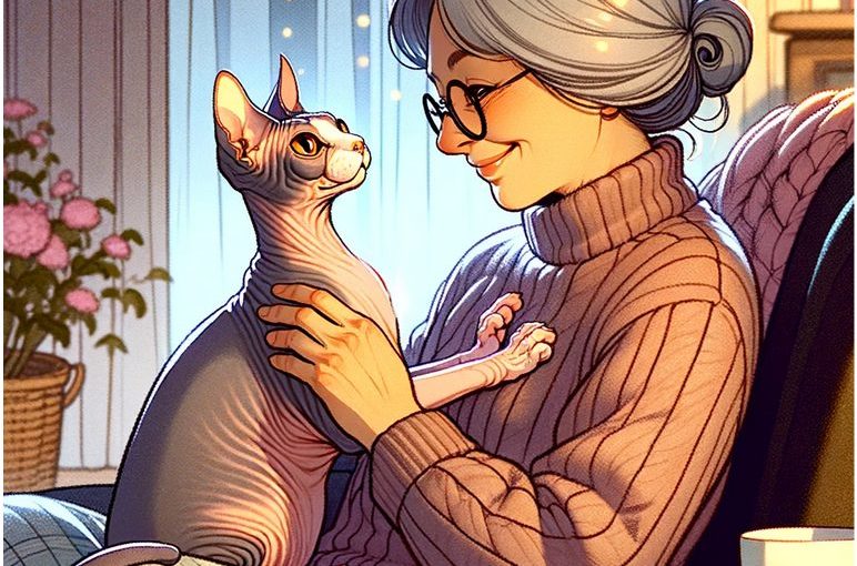 Sphynx cats interacting affectionately with a sweet gray haired lady