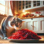 A cat sniffing a plate of red seaweed suspiciously.