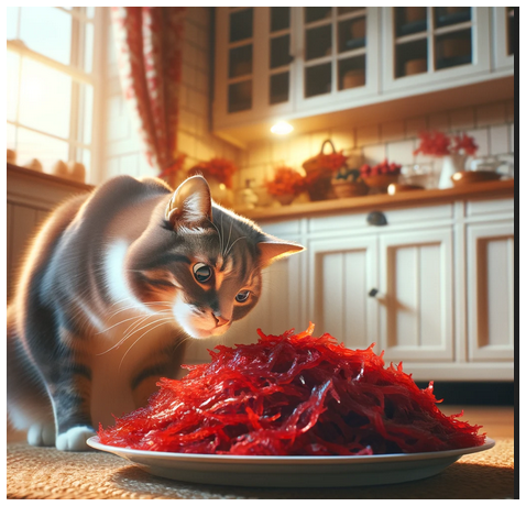 A cat sniffing a plate of red seaweed suspiciously.