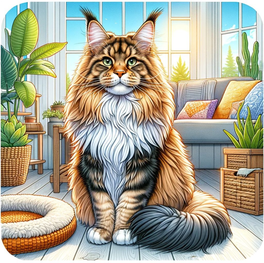 An illustration showing an absolutely gorgeous Maine Coon cat with a brown tabby with white coat pattern.