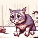 Illustration of why cats hate water, a fearful cat trying to escape from a bath