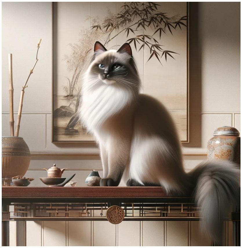 Balinese cat sitting on a table in an oriental style setting.