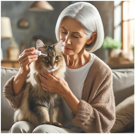 A gray haired woman putting drops in her brown tabby cat's eyes.