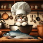 Cat in a chef's hat making fish soup