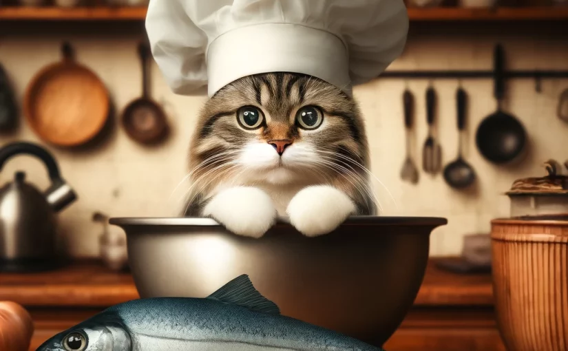 Cat in a chef's hat making fish soup