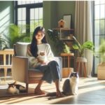 A young woman caring for three cats