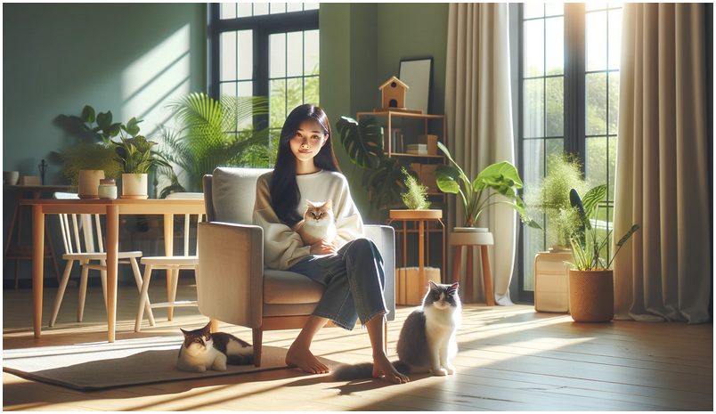 A young woman caring for three cats