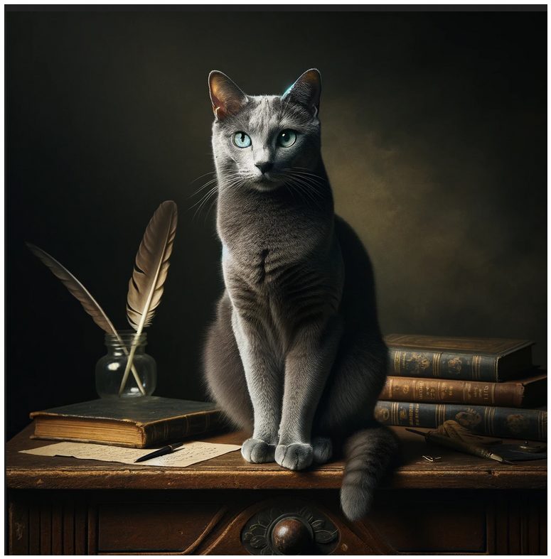 A Russian Blue cat sitting on a dark wood ornate desk with quill pens, antique leather bound books and dramatic lighting against a dark background.