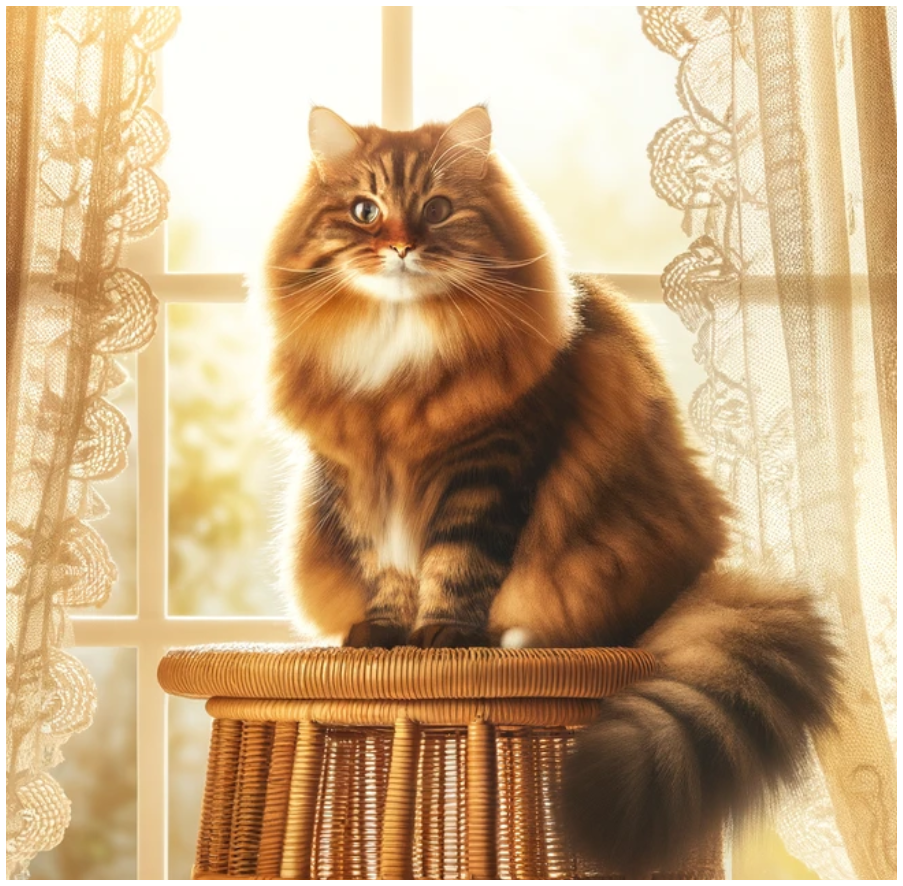 A brown tabby Siberian cat sitting on a rattan stool in front of a sunny window with cream-colored sheer lace curtains