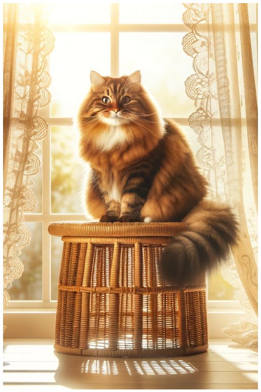 A brown tabby Siberian cat sitting on a rattan stool in front of a sunny window with cream-colored sheer lace curtains