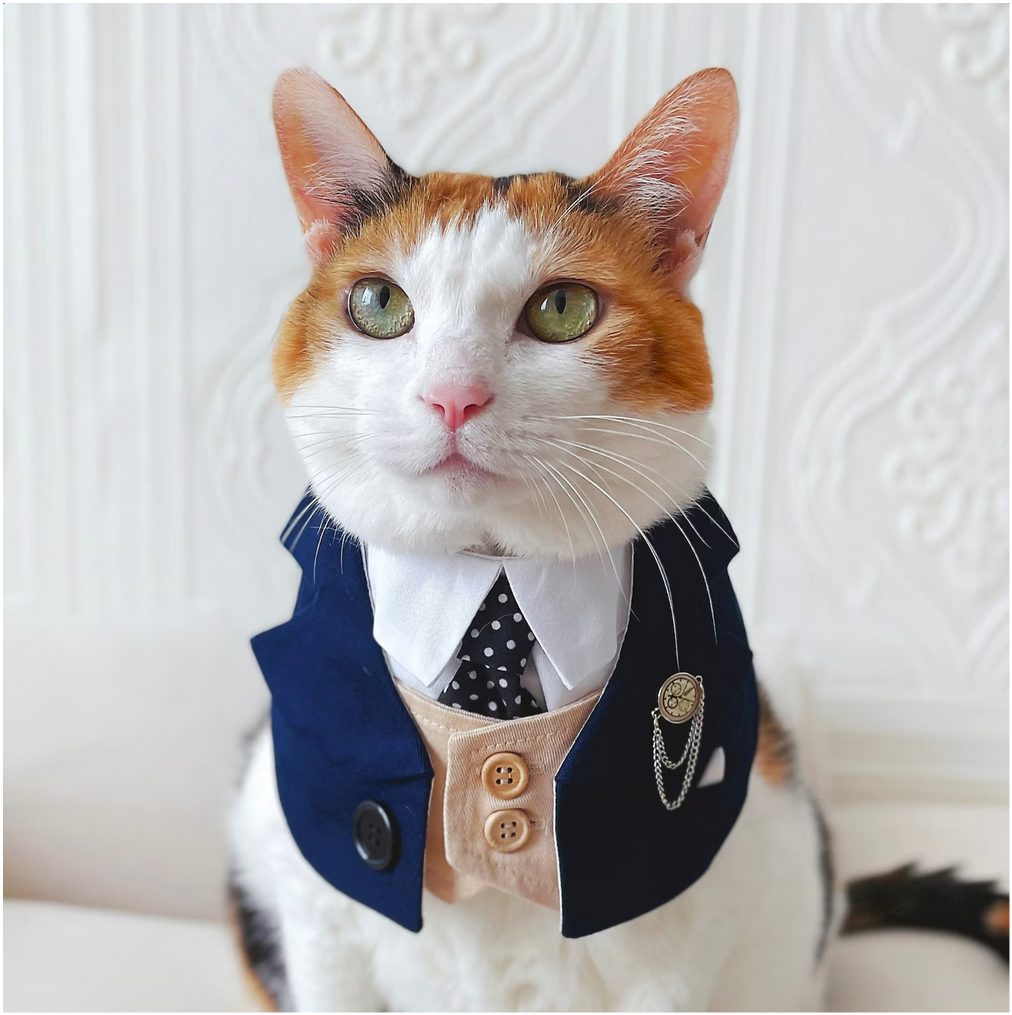 Cat in a cape that imitates a white shirt, blue tie, dark blue jacket and tan vest