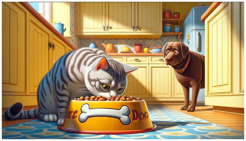 cats eating dog food