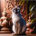 An elegant Siamese cat in a Thai themed environment.