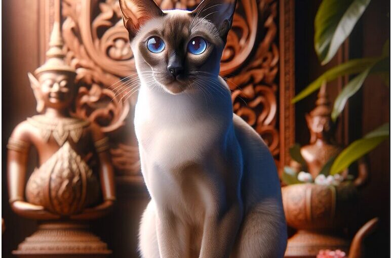 An elegant Siamese cat in a Thai themed environment.