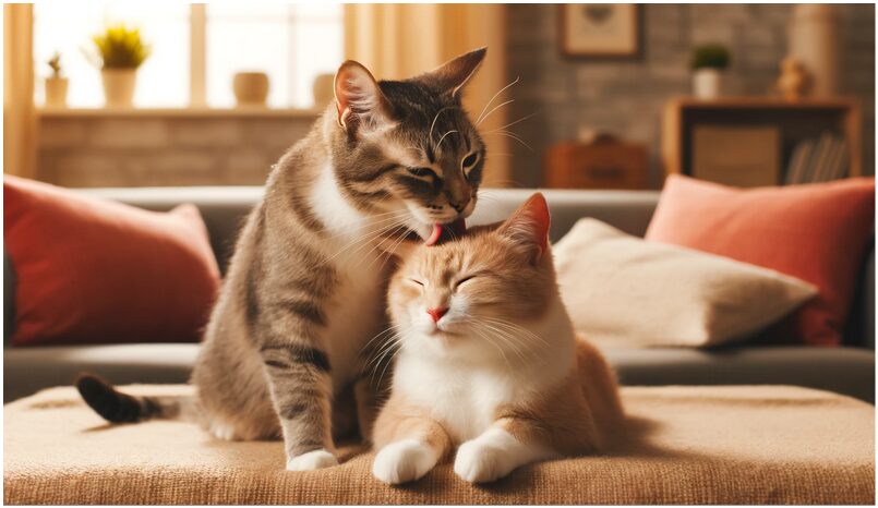 Multi Cat Household: Two cats grooming each other