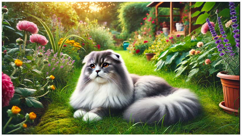 Scottish Fold Longhair relaxing in a garden