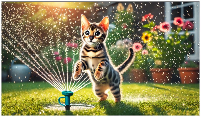 Water-Loving Cat Breeds: Bengal kitten playing in a sprinkler