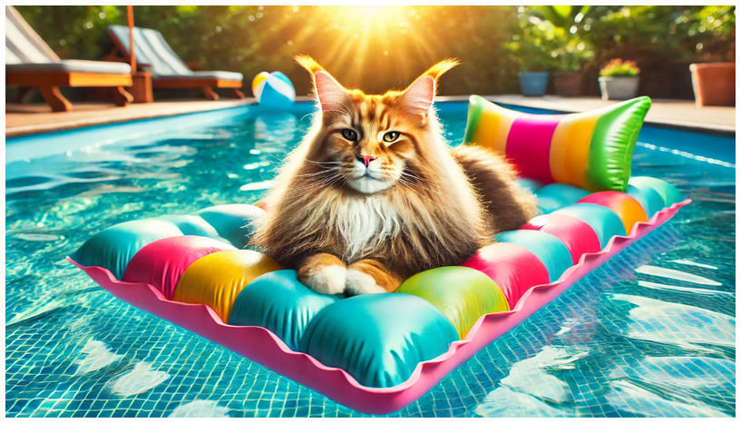 Water-Loving Cat Breeds: Maine Coon cat floating on a pool toy