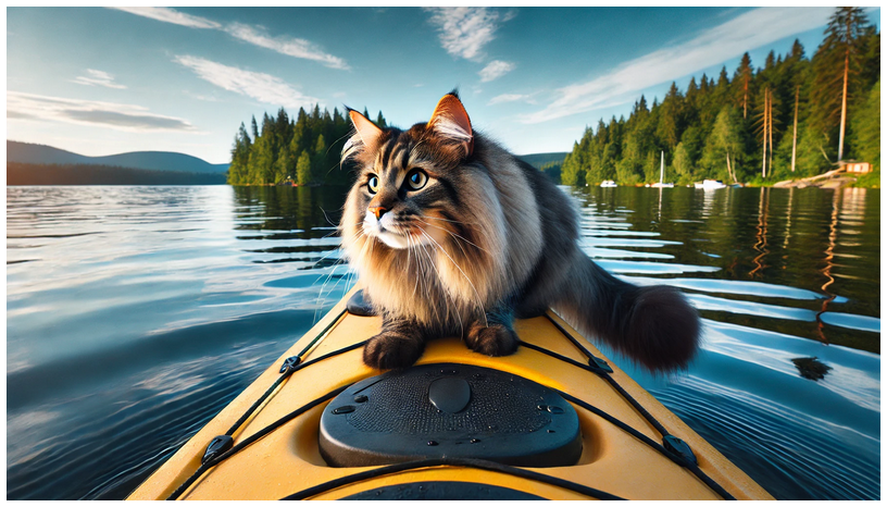 Water-Loving Cat Breeds: Norwegian Forest cat on a kayak