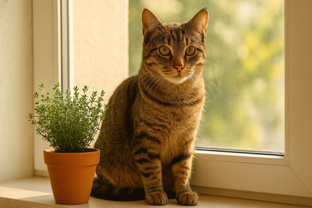 Cat safe herbs: Cat with thyme